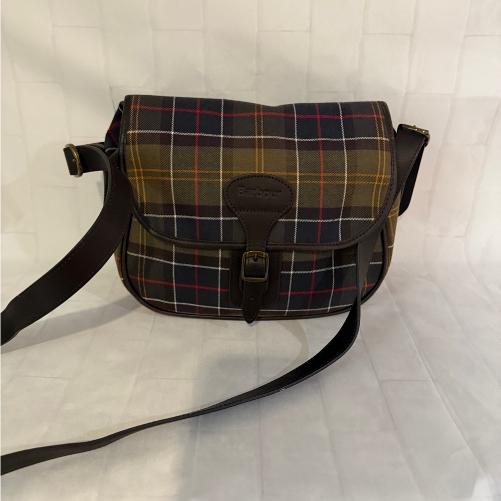 Barbour Tartan Messenger Bag - Brown and Yellow - Picture 1 of 10